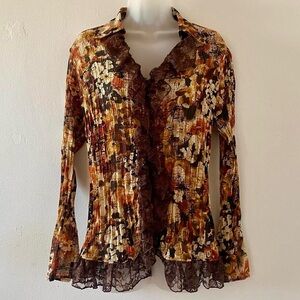 SHEER BROWN VINTAGE RUFFLED LACE FLORAL PRINT CRINKLE PLEAT BLOUSE